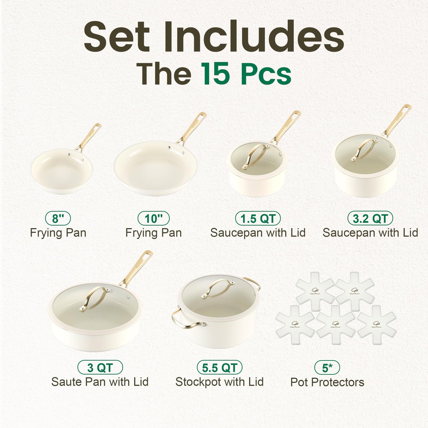 Chef Power Ceramic Cookware Sets, 15Pcs Pots and Pans Set Non Stick, Cookware Set with Stainless Steel Handle, Dishwasher & Oven Safe, Cream White and Light Gold Handle