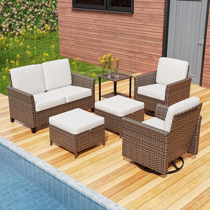 COOS BAY Harbor Retreat 6 Piece Outdoor Furniture Set, Patio Conversation Set with Swivel Rocking Chairs, 2 Seat Loveseat, Side Table and Ottomans, Wicker Furniture, Brown/Beige