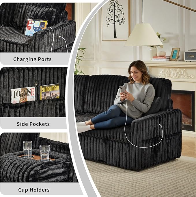 Sleeper Sofa Bed, 81” Pull Out Couch Bed with Reversible Storage Chaise, 3 in 1 L-Shaped Couch with Charging Station, Cup Holder, Side Pocket, Plush Corduroy Couches for Living Room(Black)