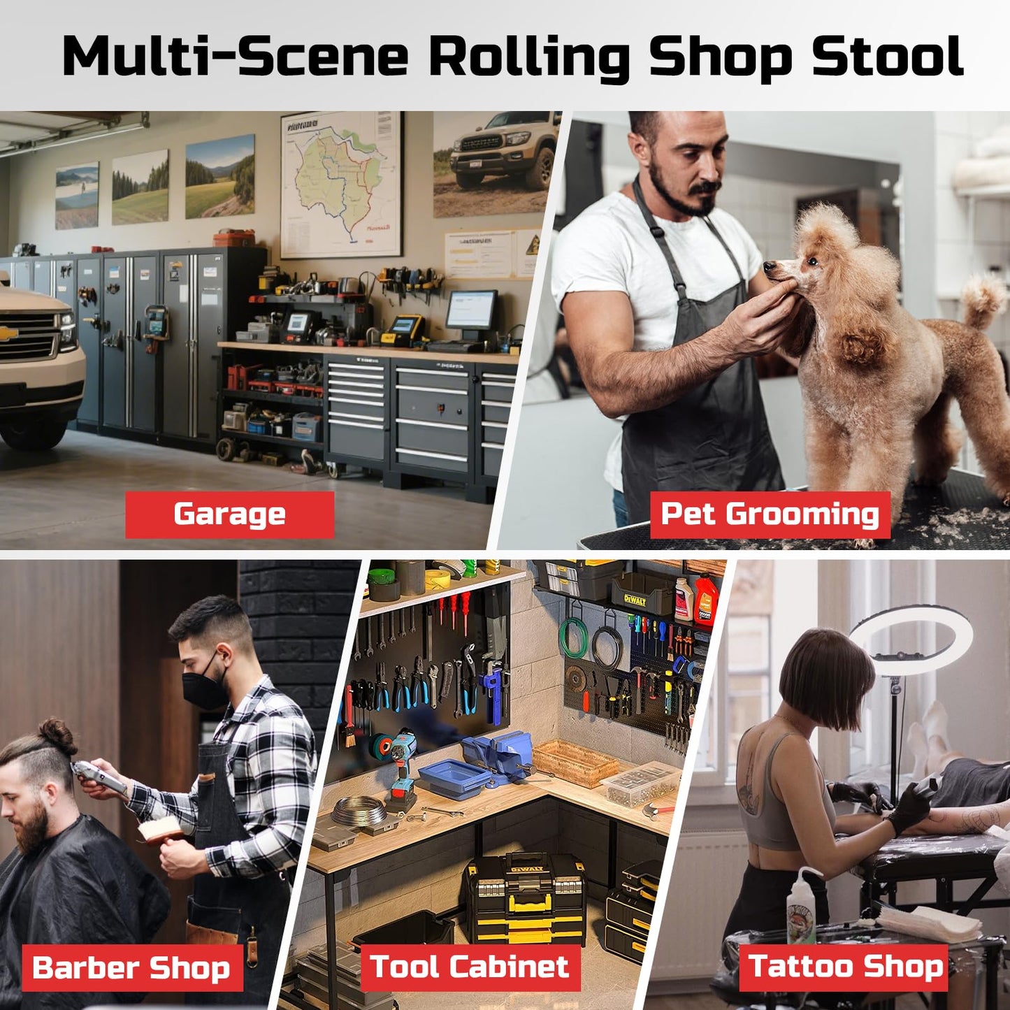 Rolling Shop Stool with Wheels, Garage Mechanic Stool Chair with Backrest, Height Adjustable Heavy Duty Swivel Task Chair, Adjustable Footrest with Storage Tray for Garage Kitchen Salon Tattoo (Black)