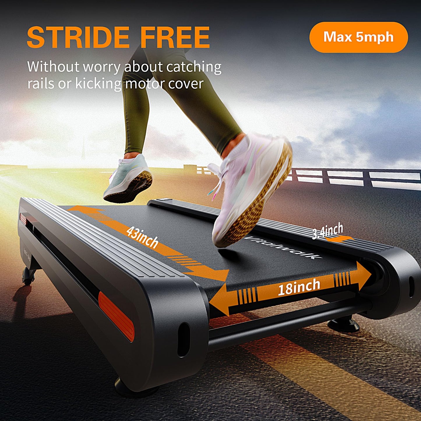 Vitalwalk Walking Pad Treadmill with Incline, 43"x18" Wide Full Deck, Auto Incline, Portable Under Desk Treadmills for Home Office, 4-Way Mobility & Vertical Store, Heavy Duty, APP, Black, Large