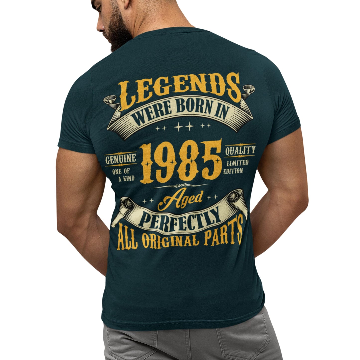40th Birthday Shirt for Men, Legends were Born in 1985, Vintage 40 Years Old T-Shirt, Left Chest & Full Back Print Navy Heather Medium