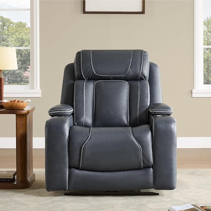 Watson & Whitely Super Zero Gravity Recliner Chair, Oversized Genuine Leather Electric Recliner W Power Adjustable Headrest & Lumbar Support Hidden Storage for Living Room, Navy Blue