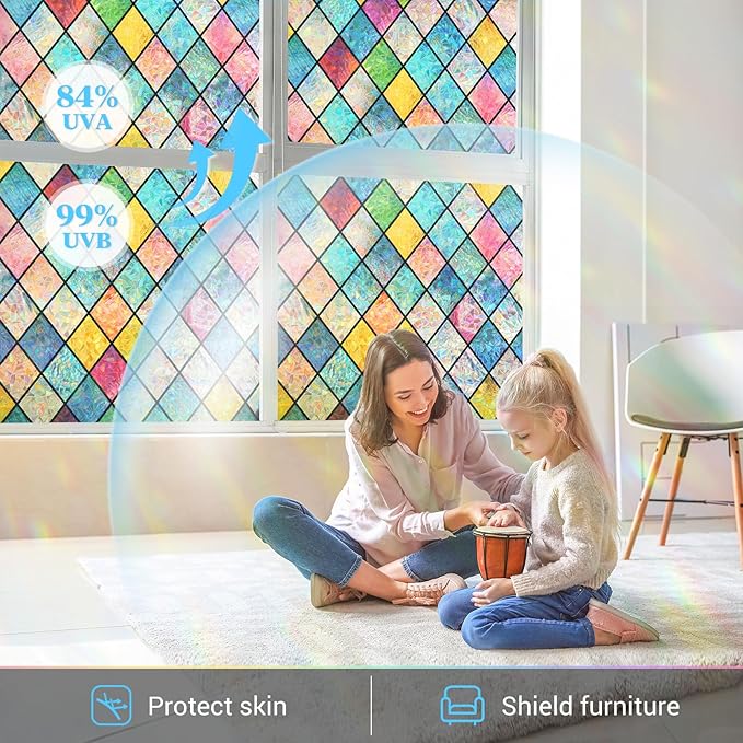 Haton Stained Glass Window Film, Rainbow Window Privacy Film, Decorative Sun Blocking Glass Clings Stickers, Static Cling Colorful Lattice Coverings Decals for Home Door 17.5" x 157.4"