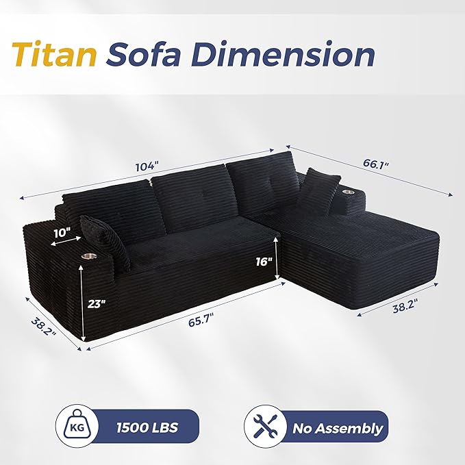 MAXYOYO 104" Modular Sectional Couch with L-Shape Chaise, Modern Boneless Couch for Living Room, Sofa in A Box, Oversized Sofa Sleeper with Deep Seat, No Assembly Required, Black