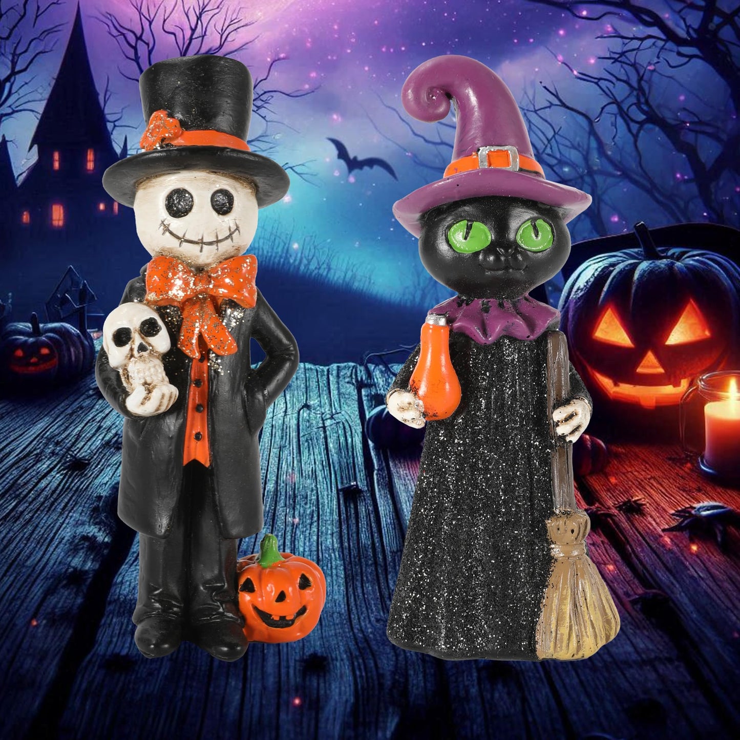 GoGnome Cute Halloween Decor - 2-Pack 4.5'' Resin Skeleton Gentleman and Witch Broom Figurines - Indoor Halloween Decorations for Home Mantle Fireplace Party Gifts (Ghost & Witch)