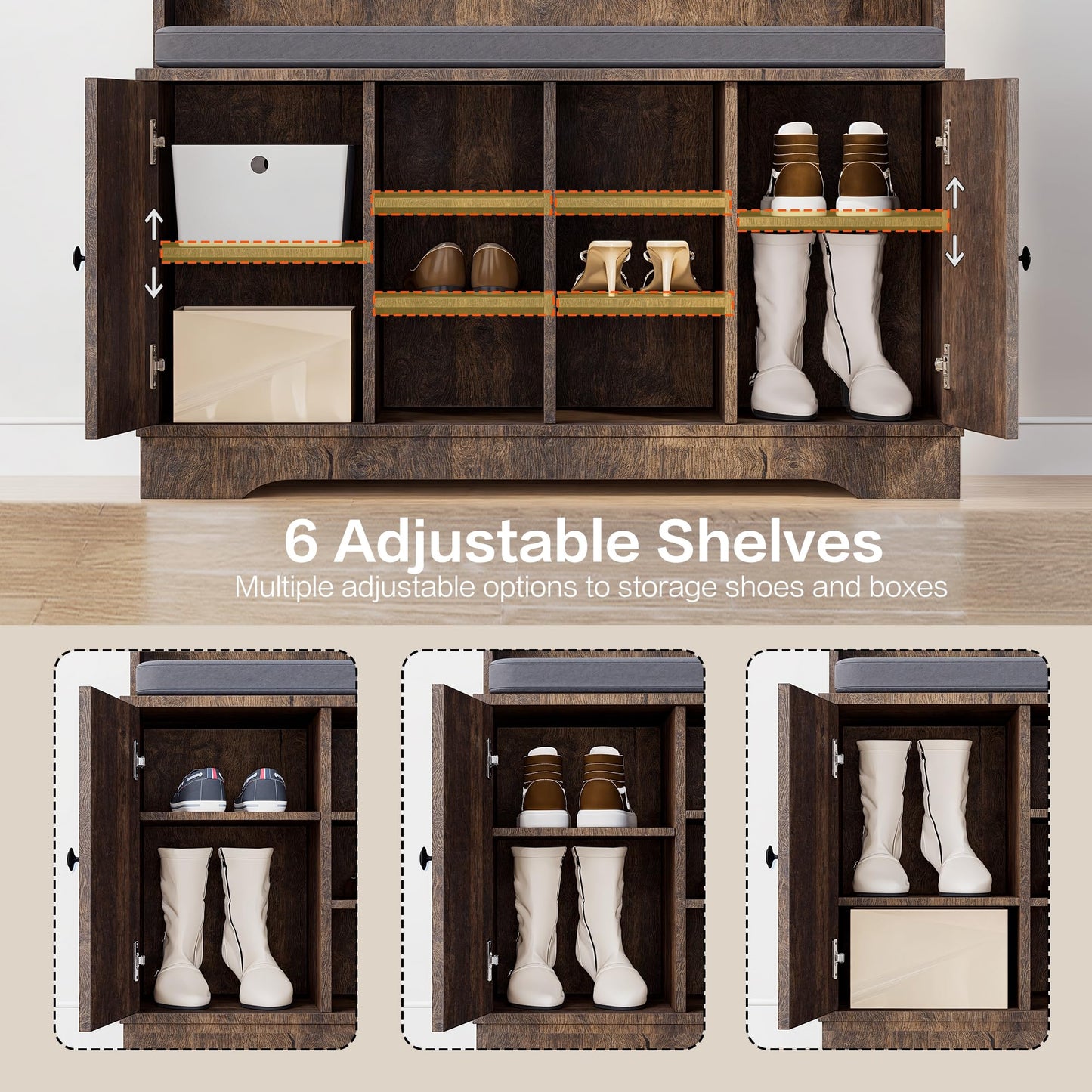 spanspace 71" Hall Tree with Bench and Shoe Storage, Entryway Hall Tree with 2 Doors and 6 Adjustable Shelves, Cushioned Mudroom Storage Bench with Coat Rack for Hallway and Living Room