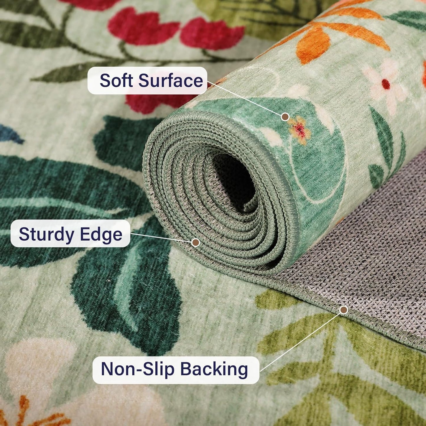 DUKINO 4x6 Area Rug, Floral Rugs for Living Room, Lightweight Non Slip Washable Rug, Indoor Low Pile & Non-Shedding Boho Design Rugs for Bedroom, Living Room, Dining Room, Green