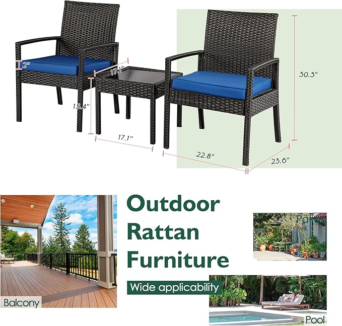 PAOLFOX 3 Piece Outdoor Patio Furniture Sets, Rattan Conversation Set with Soft Cushion, Wicker Chairs with Coffee Table for Yard Backyard Lawn Porch Poolside Balcony, Blue