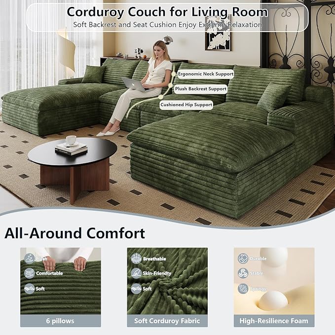 136" Cloud Sectional Couch U-Shaped Chaise with Ottoman, Corduroy Boneless Couch for Living Room Bedroom, Deep-Seat Upholstered Modular Cloud Sofa, No Assembly Required (Green, Left Facing Chaise)