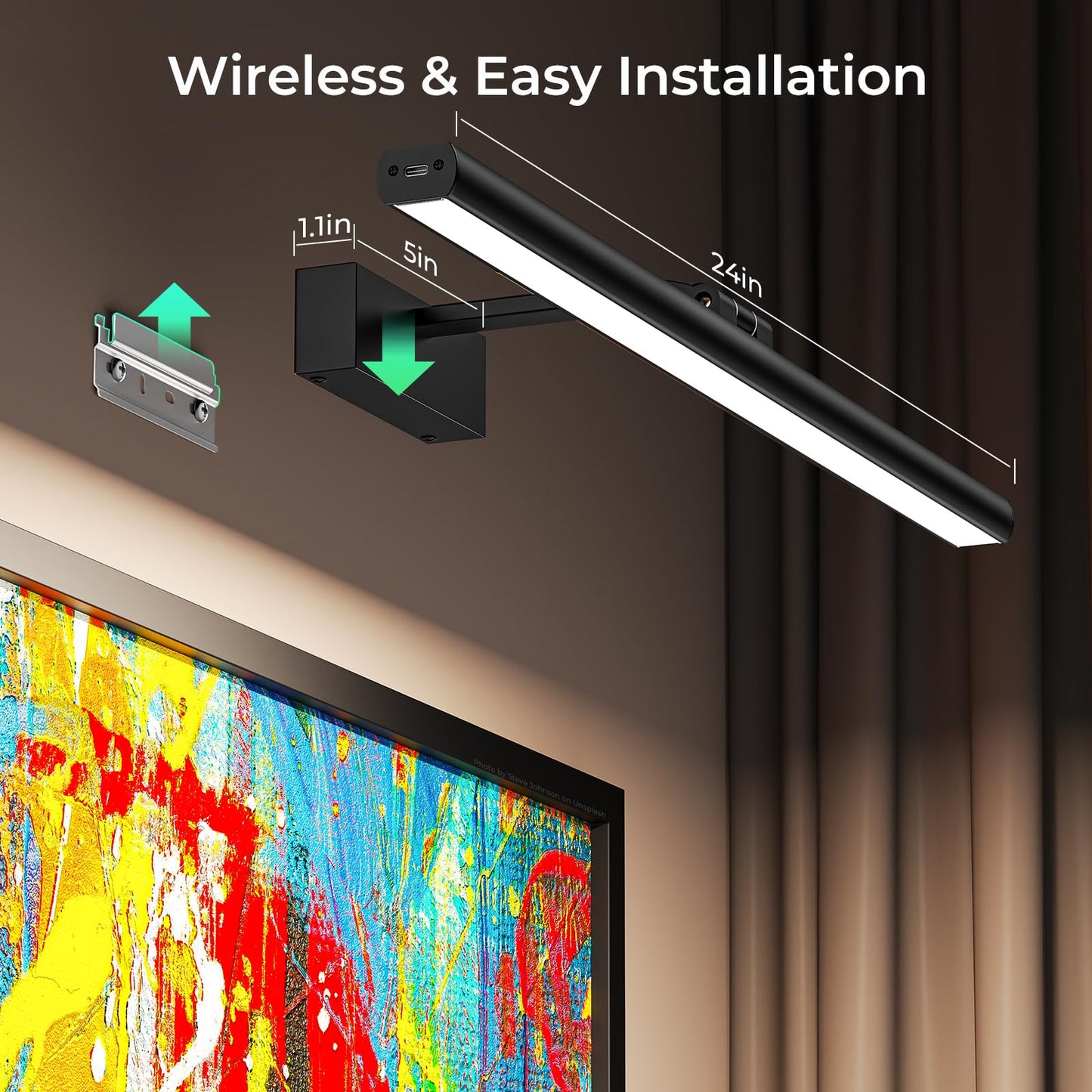 Eclipterra Wireless Picture Lights for Wall, 24in Battery Operated Wall Light for Painting Rechargeable CCT Rotatable Art Gallery Light with Remote Dimmable Timer for Artwork Frame Display Dartboard