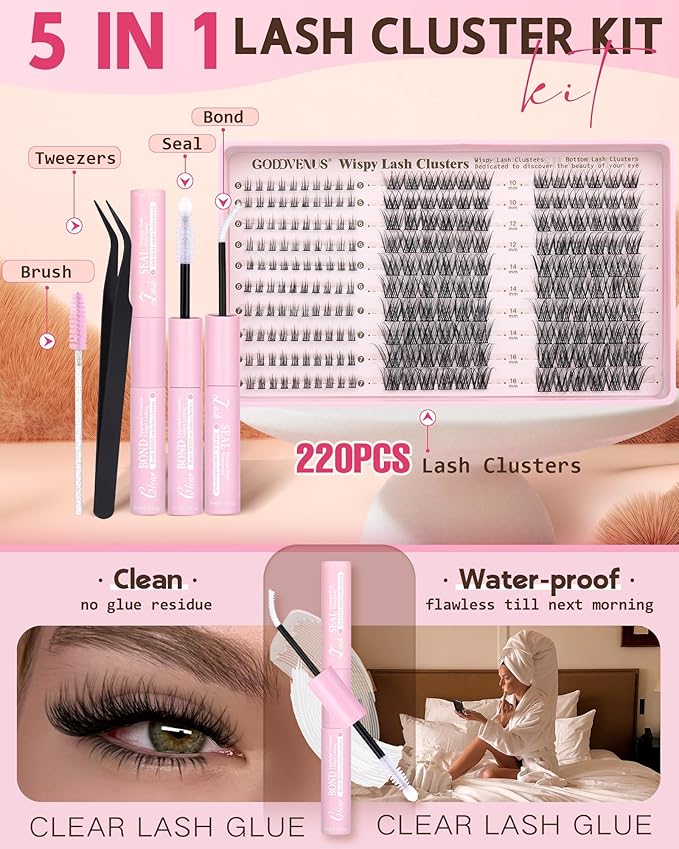 220Pcs Wispy Lash Clusters Kit Cluster Eyelash Extensions Kit Natural DIY C Curl Individual Lashes Clusters With Bottom Eyelashes