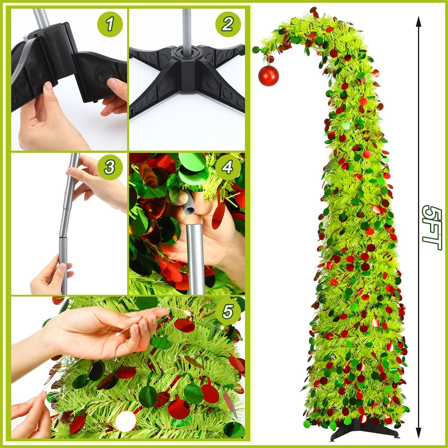 Aurelema 5 ft Christmas Whimsical Pop up Curved Tree with 50 LED Light String Decorations Curved Plastic Tree with Red Ball Top Red Lime Green Tinsel for Xmas Home, Apartment, Office
