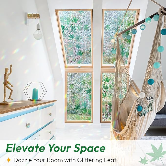 rabbitgoo Rainbow Window Privacy Film Decorative Stained Glass Diamond Pattern Window Sticker with Iridescent Tint Non-Adhesive Static Cling for Home Office Bathroom, Green Leaf 23.6 x 78.7 inch