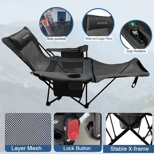 POEPORE Reclining Camping Chair 4 Position with Foot Rest Comfortable for Adults 265Ibs Folding Lounger Mesh Beach Chair with Cooler Bag,Cotton Cushion and Cup Holder for Outdoor Patio