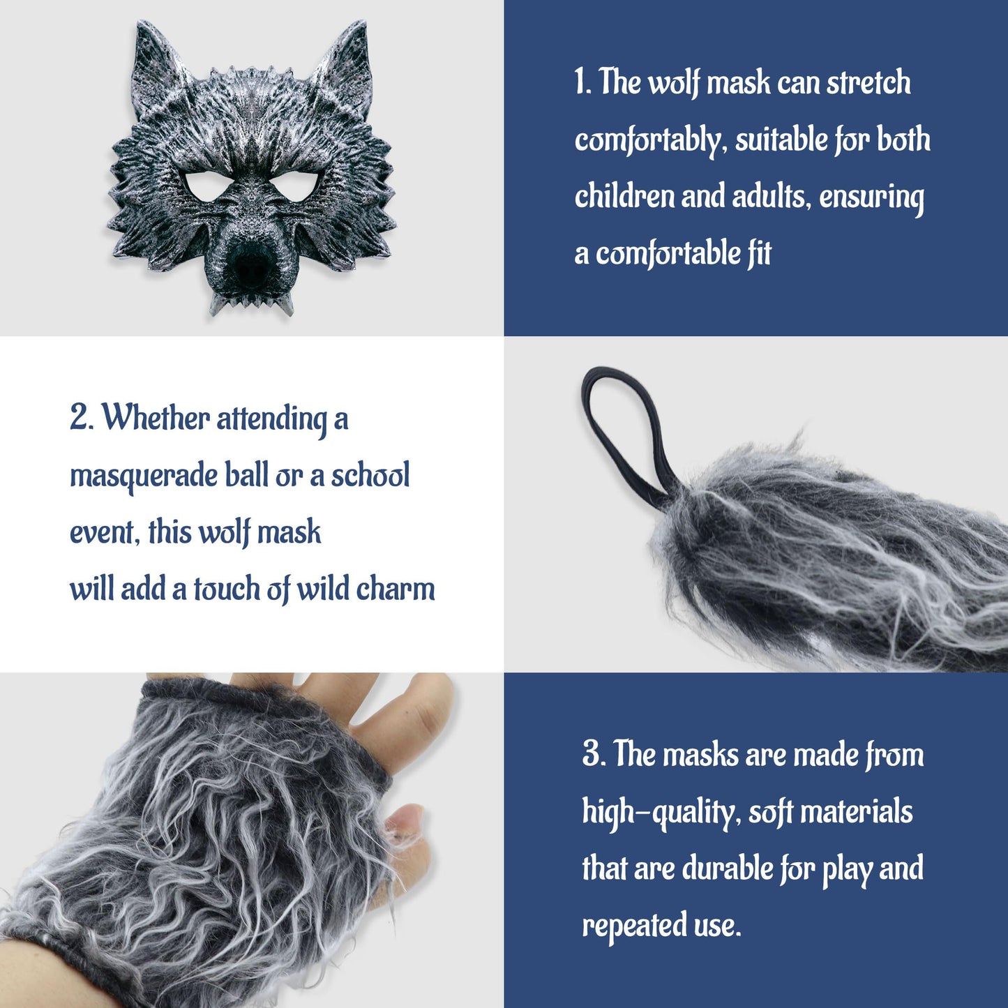 D-Fokes 4 PCS Werewolf Costume Set - Realistic Wolf Mask, Gloves and Tail - Adult & Kids Cosplay Halloween Wolf Mask