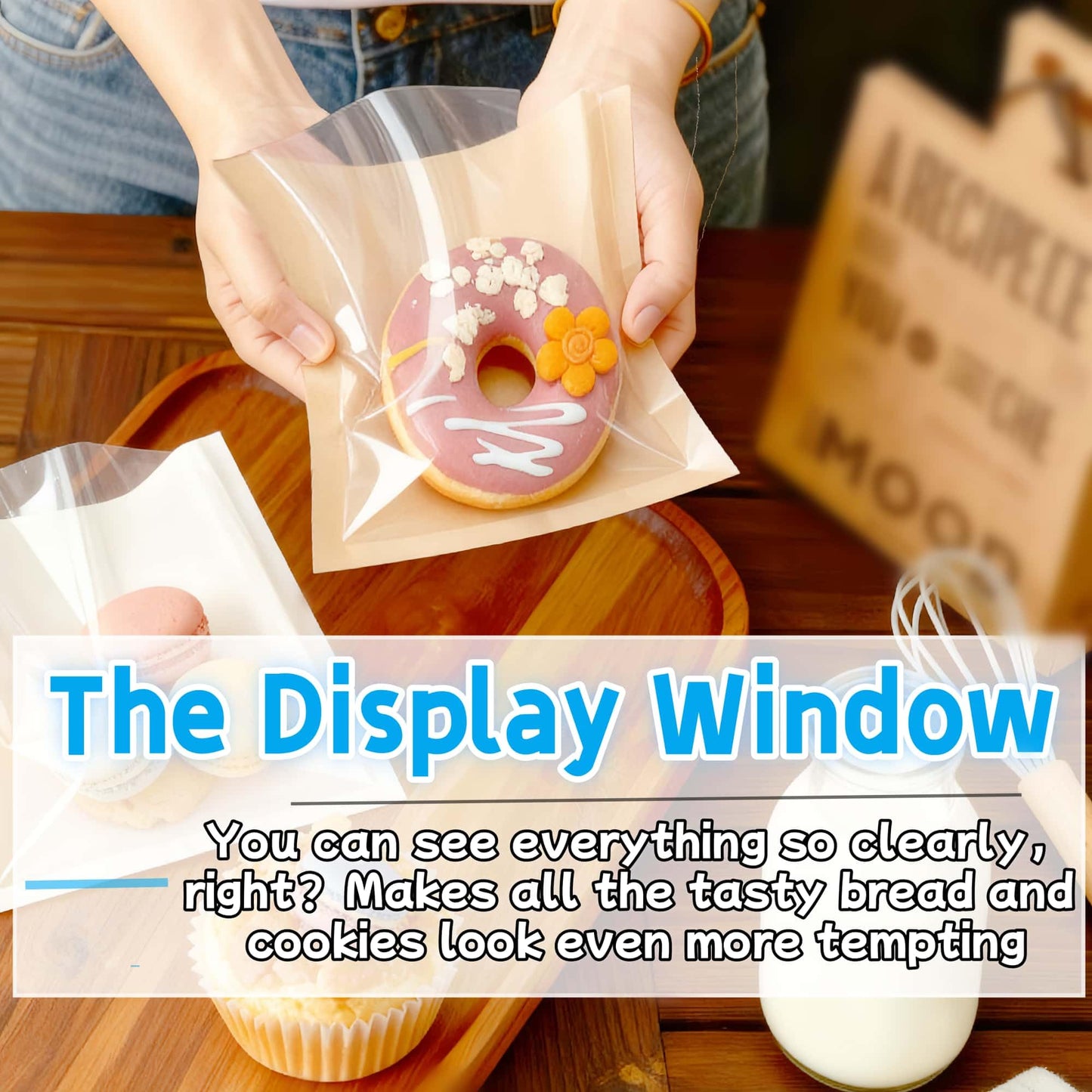 ARREBOL 100 Pack 7.1x7.5 Inch Cookie Bags with Window & Stickers for Packaging, Sealable Grease Resistant Small Brown Paper Bakery Bags for Bread