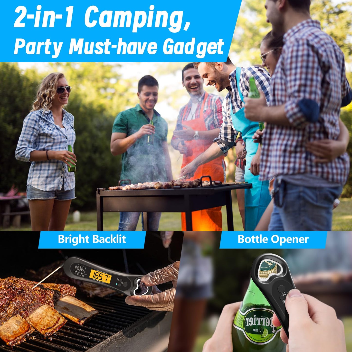 Digital Meat Thermometer for Cooking, Biison Wireless Instant Read Meat Thermometer Waterproof, Backlight, Ultra-Fast Accurate and 180° Folding Probe Kitchen Thermometer for Turkish/Grill