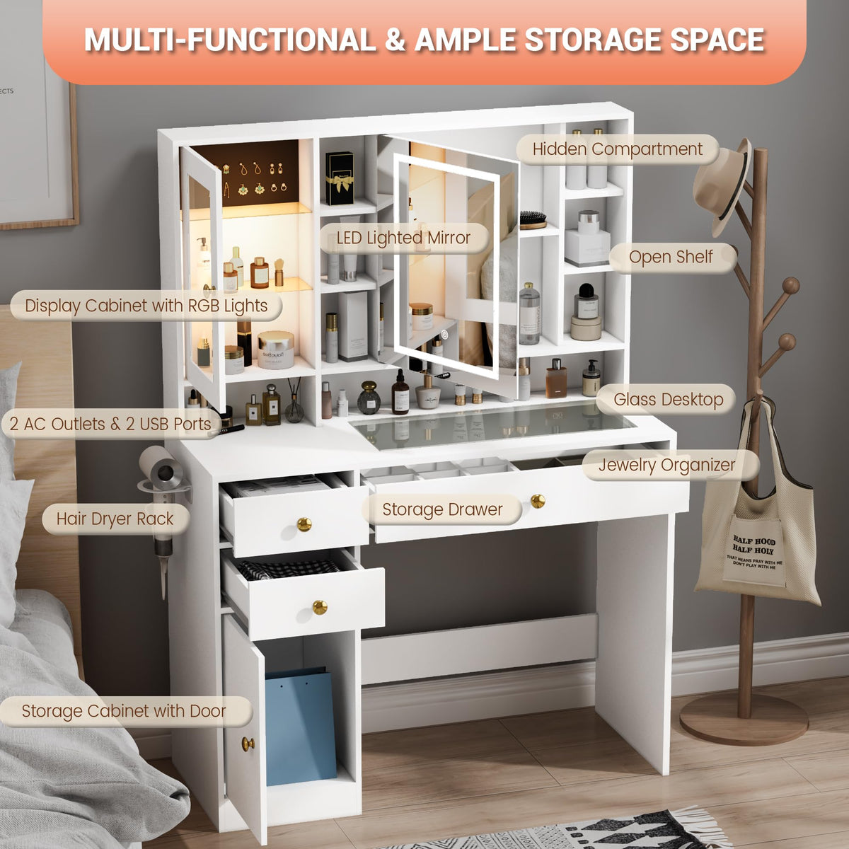 Vanity Desk with LED Lighted Mirror and Jewelry Organizer & Glass Top and Charging Station, Makeup Vanity with 3 Drawers and 2 Storage Cabinets & Hidden Compartment, Dressing Table for Bedroom, White