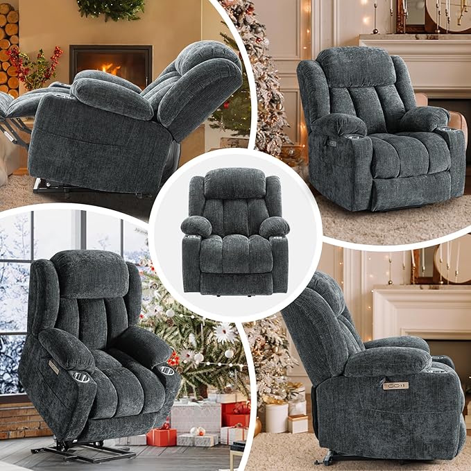 ABCASA Large Power Lift Chairs Recliners for Elderly Set of 2 with Heated and Massage, Upgraded Chenille Lift Chairs Recliners, USB-A and USB-C, Cup Holder, Side Pocket, Grey Blue