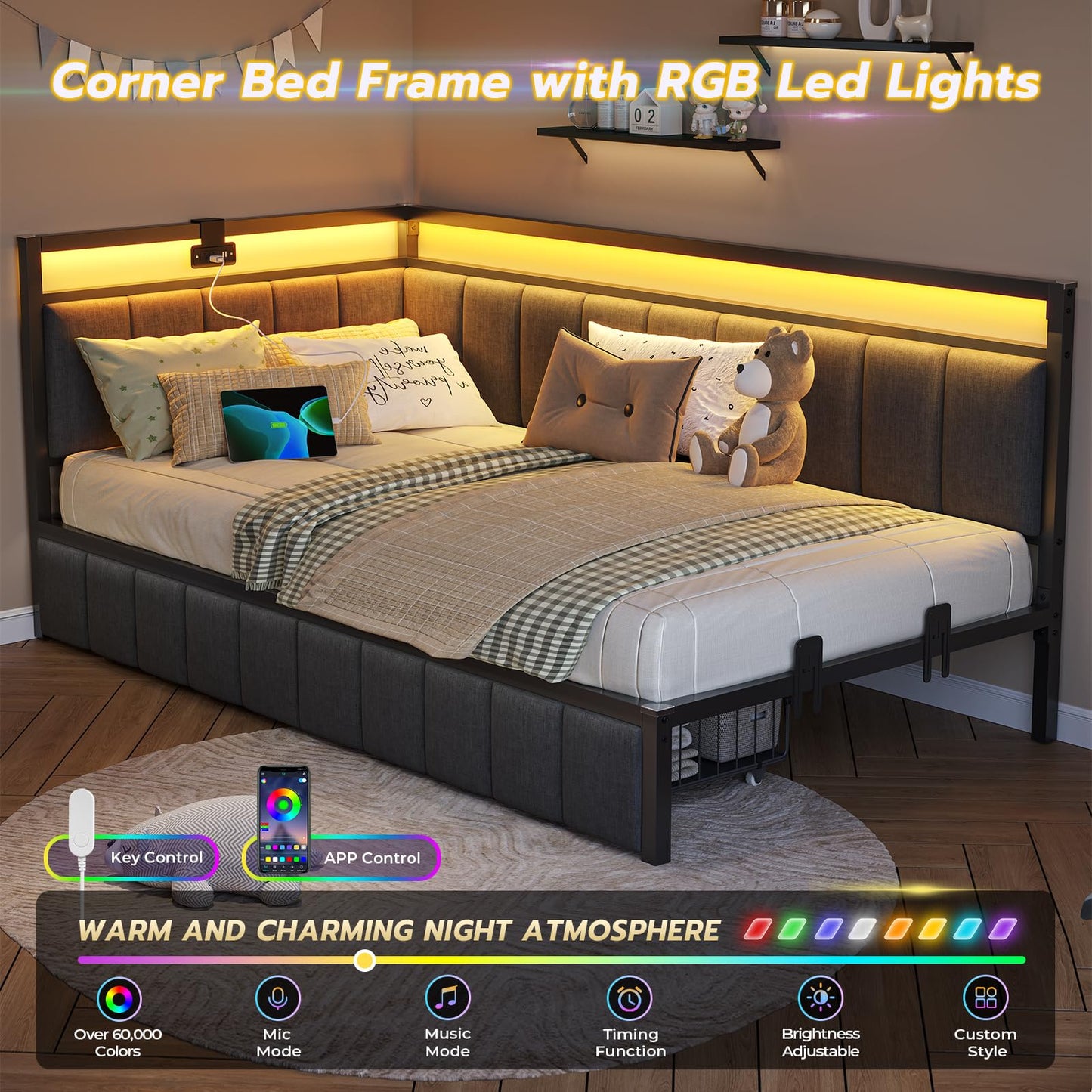 DICTAC Twin XL Bed Frame with 2 Storage Drawers and Charging Station Twin XL Size Platform Corner Bed Frame with Led Lights and Upholstered Guardrail Daybed for Living Room,Bedroom and Guest Room,Gray