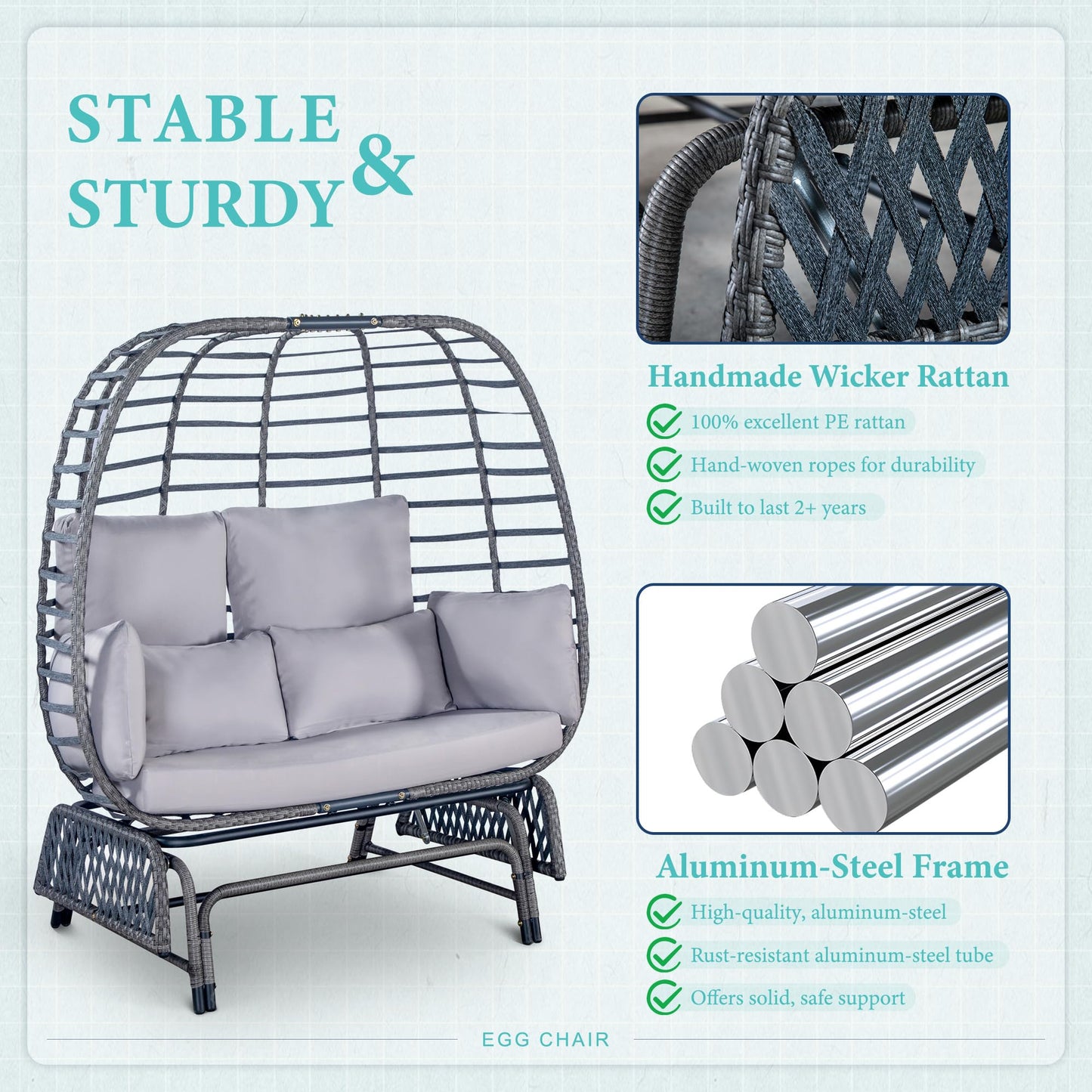Outdoor Double Egg Chair Patio Chairs - 500lbs Capacity for 2 Person, Oversized Wicker Rocking Glider Chair with Steel Stand, Hand-Woven Lounge Chair Nest Loveseat for Indoor, Porch, Backyard, Balcony
