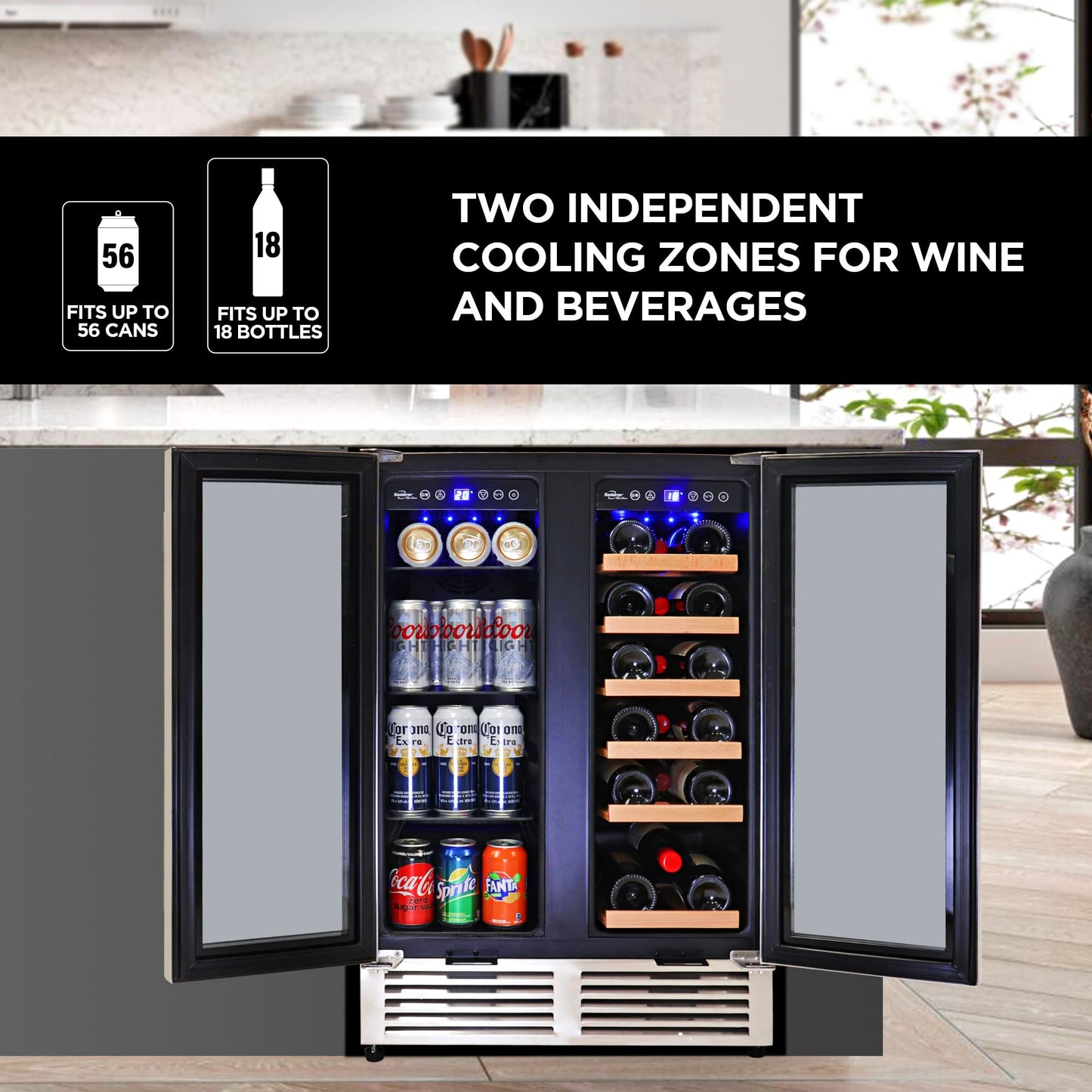 Koolatron Dual Zone Wine Fridge and Wine Cooler, 56 cans & 18 bottles (24 Inch), Built-In or Freestanding Compressor Under Counter Wine Refrigerator, Independent Temperature Control with French Doors