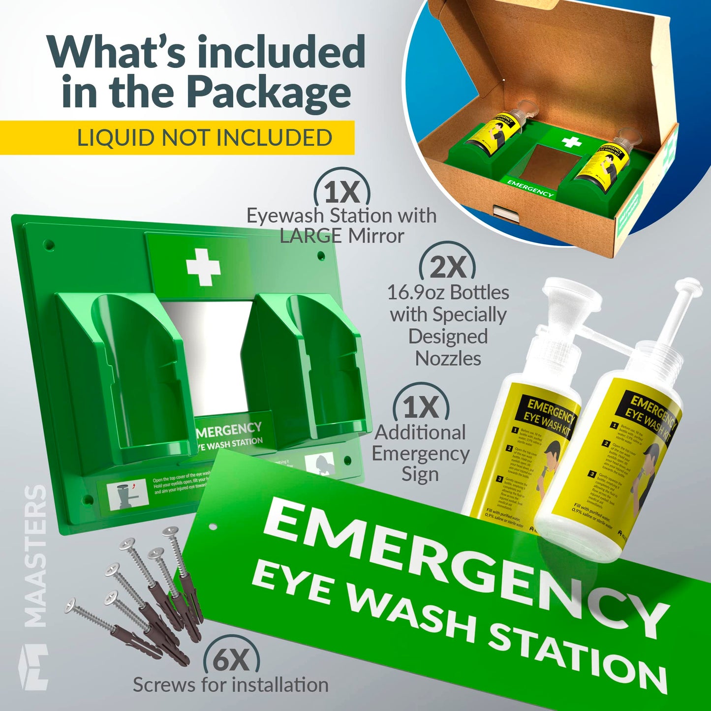 MAASTERS BPA Free Portable Eye Wash Station OSHA Compliant - Wall-Mounted First Aid Eye Wash Kit w/Mirror & 2X 16oz Empty Bottles - No Eyewash Solution Included - Emergency Eyewash - Set of 1