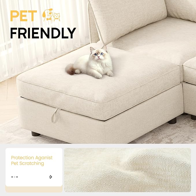 Oversized Modular 6 Seater Sofa with Removable Covers and Storage, Convertible U, L-Shaped and Sleeper Sectional, Modern Sectional Couch with Ottoman Chaise for Living Room, Bedroom, Apartment, Beige