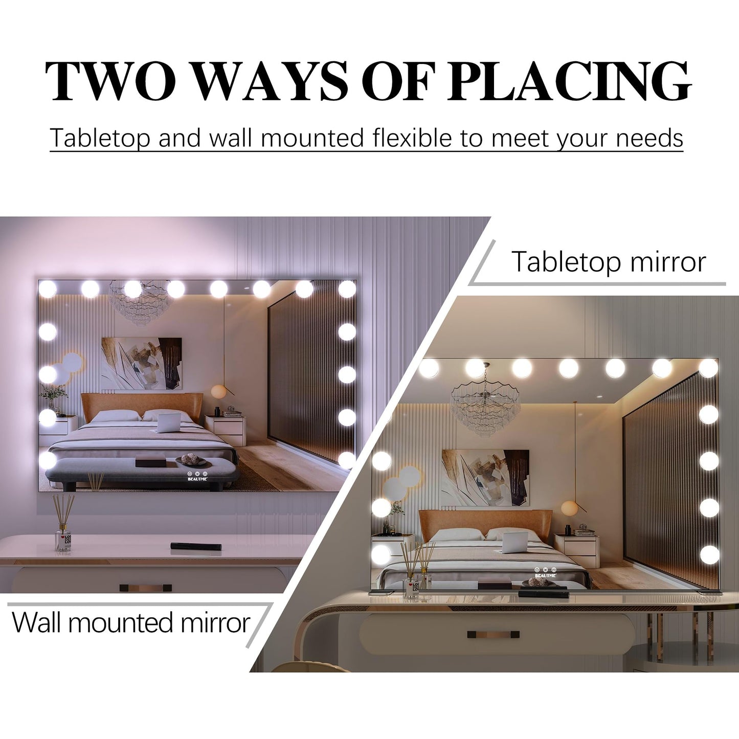 BEAUTME Large Vanity Mirror with Lights, 35.9''×24.3'' Hollywood Makeup Mirror with 16 Dimming LED Bulbs, 3 Lighting Modes, Touch Control, Tabletop or Wall Mounted, Black