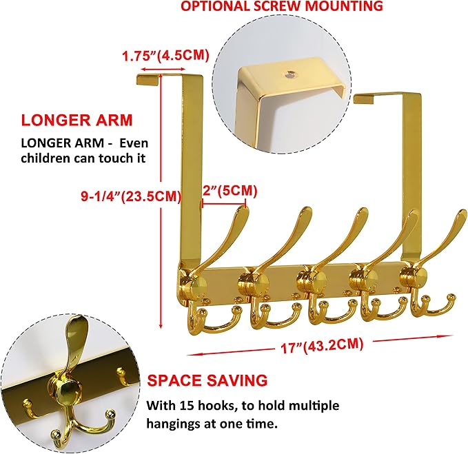Dseap Over The Door Hook Hanger - 5 Tri Hooks, Heavy Duty Over The Door Towel Rack Coat Rack for Clothes Hat Towel,Gold