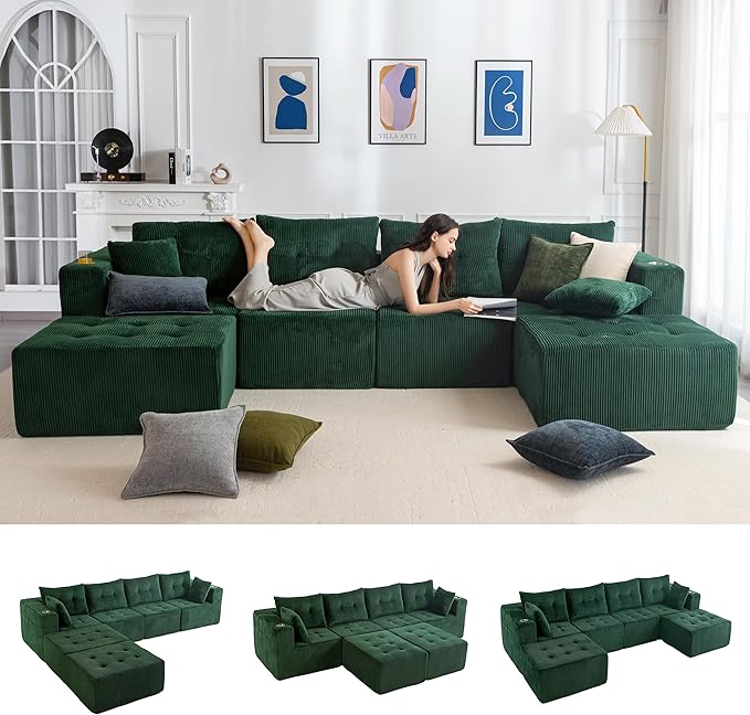 MAXYOYO 129.5" Modular Sectional Sofa Couch, U Shaped Modern Cloud Couch, Sofa in A Box, Tufted 6-Seat Boneless Sleeper Lounger for Living Room, No Assembly Required, Green