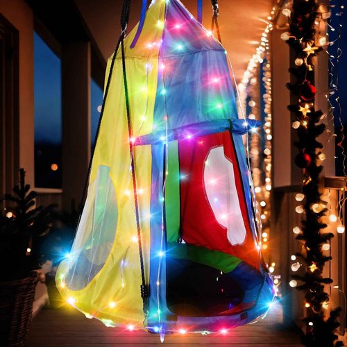Liliful 39 Inch Kids Hanging Tent Saucer Swing with LED Lights, 600 LBS Capacity Outdoor Saucer Tree Swing, Detachable Tree Swing Tent for Kids Adults Indoor Outdoor Backyard