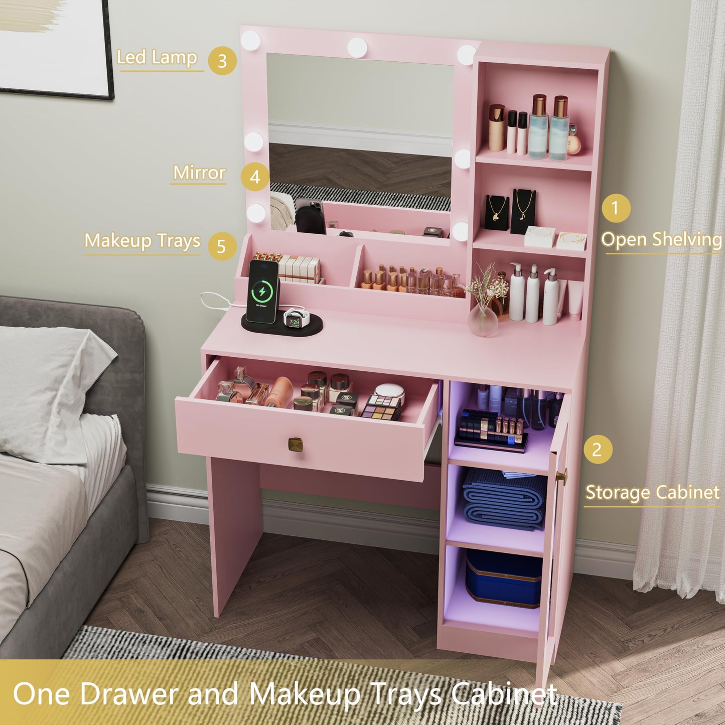 Thacuok Vanity Desk with Mirror and Lights, 33.5'' Makeup Table with Charging Station & RGB Glass Cabinet, Small Vanity with 3 Color Lighting Modes & Adjustable Brightness, Pink