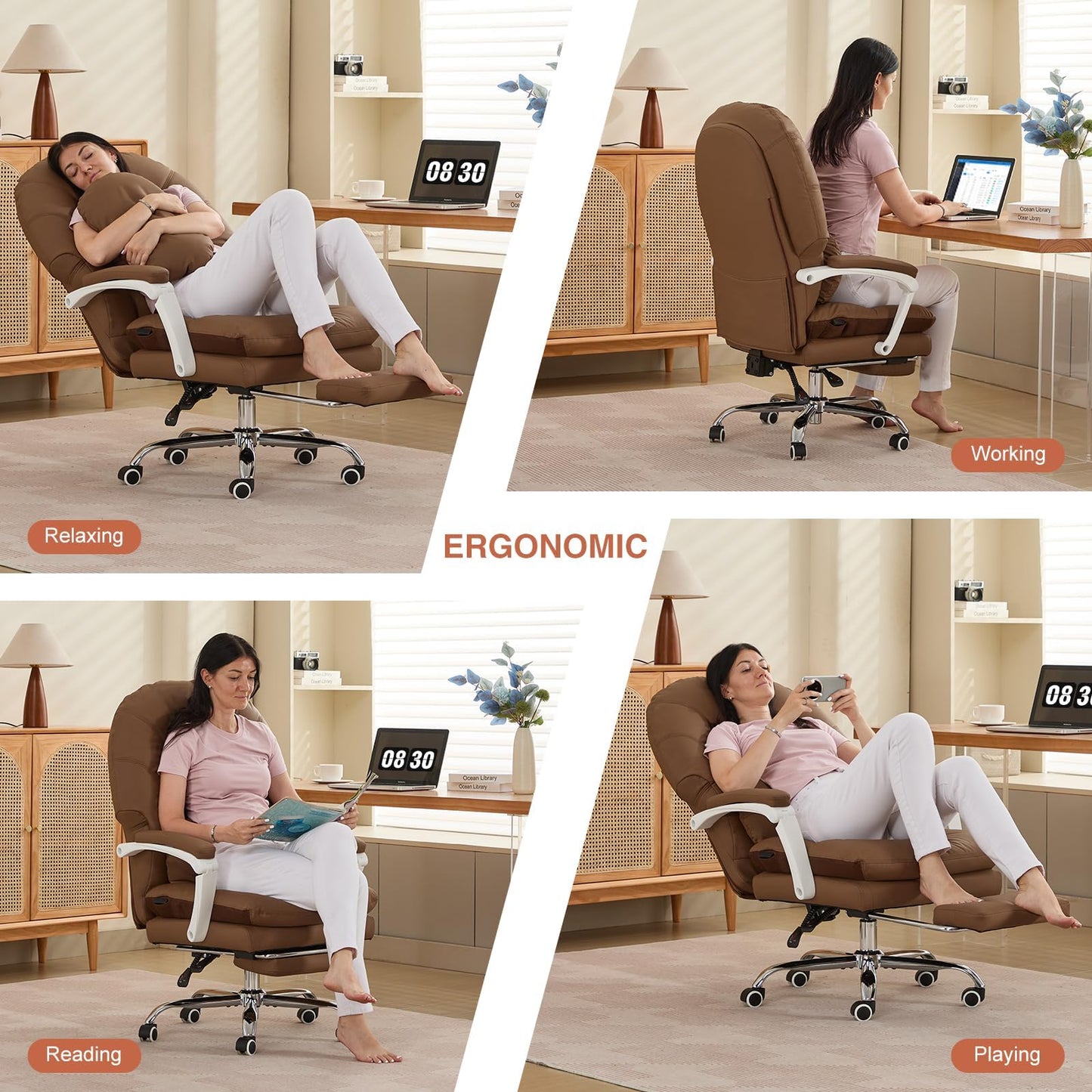 Ergonomic Office Chair for Big and Tall with Lumbar Support,Brown PU Leather High Back Executive Chair with Sedentary Vibration Reminder,Foot Rest,Reclining Function for Long Hours of Home Office