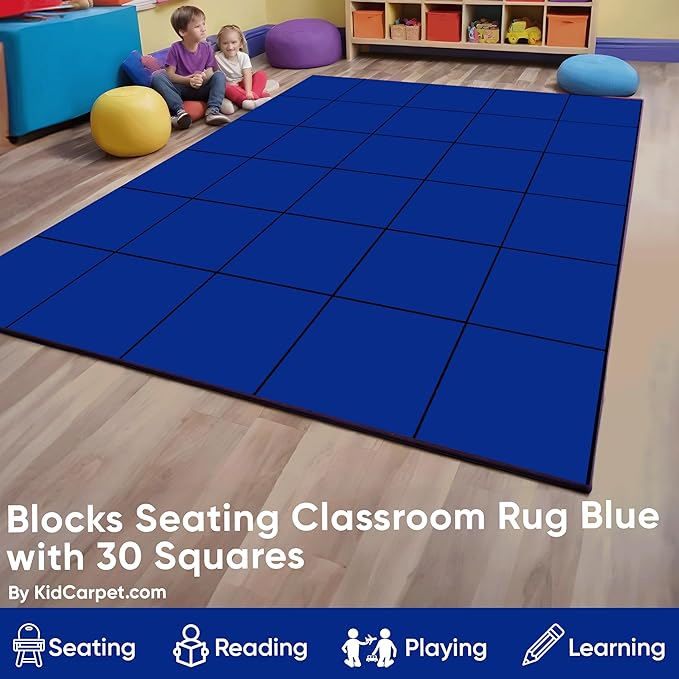 Kids Carpet Blocks Seating Classroom Rug Blue with 24 Squares, 7'6" x 12' Rectangle Educational Rug for Home or School Learning Area | Area Rug for Kids
