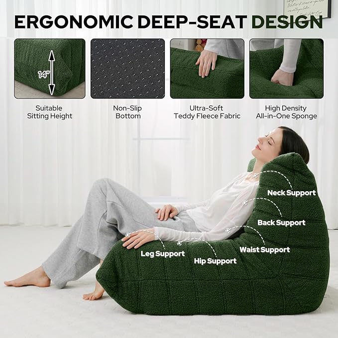 HABUTWAY Bean Bag Chairs Fireside Lazy Floor Sofa, Soft Teddy Fleece Bean Bag Sofa with High-Resilience Foam Filling，Beanbag for Living Room, Bedroom, Office (Green Teddy)