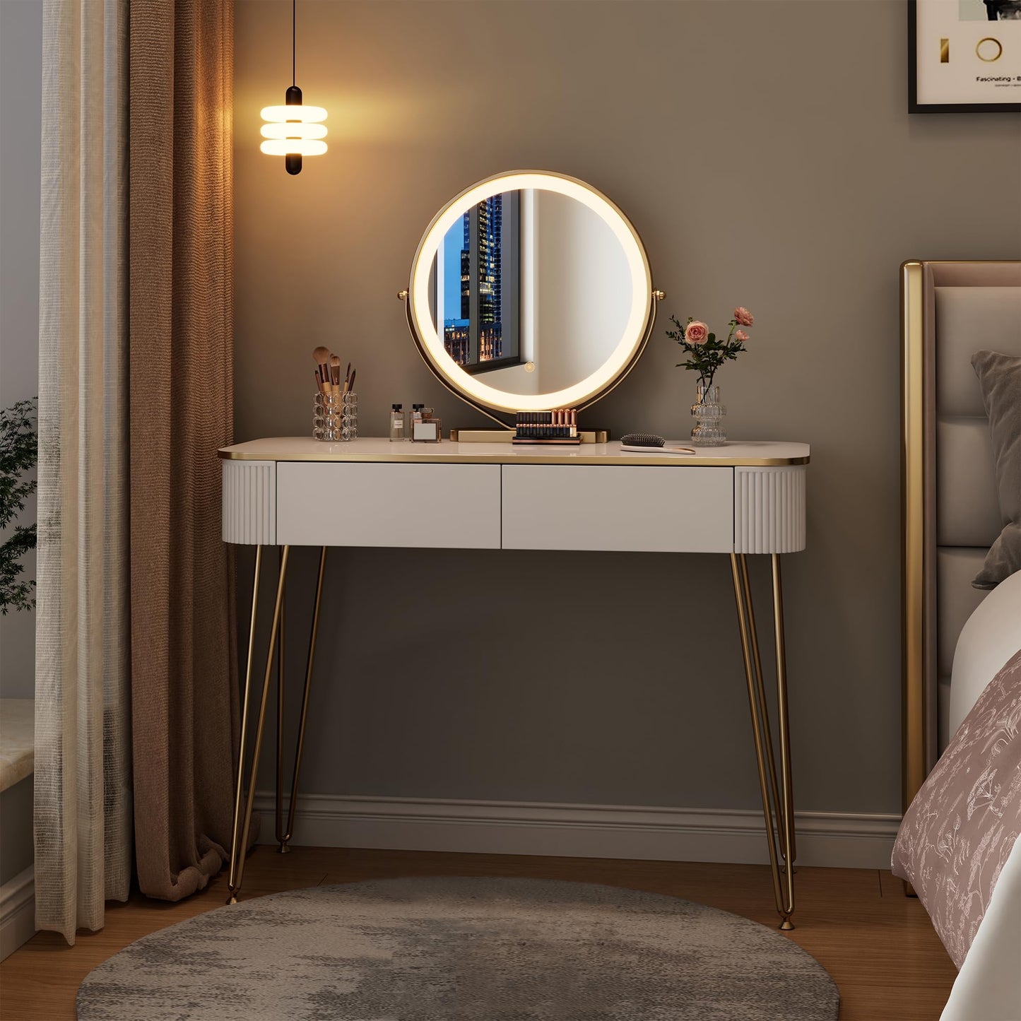 KDCAS Modern Vanity Desk with Mirror and Lights, 39" White and Gold Makeup Vanity Table with 2 Storage Drawers, Stylish Gold Dressing Table for Small Spaces & Bedroom