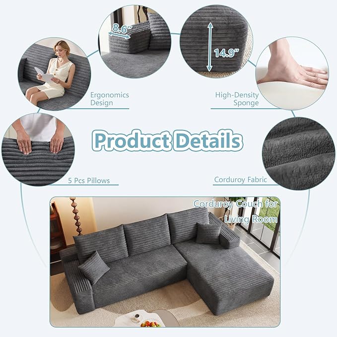 95" Cloud Sectional Couch with L-Shape Chaise, Modern Corduroy Boneless Couch for Living Room,Memory Foam Sofa with Deep Seat,No Assembly Required (Dark Gray,Right-Facing Chaise)