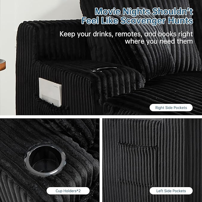 Asukale 60" Oversized Chaise Lounge Chair Indoor, Boneless Cloud Chair Bed with 4 Pillows & Armrests, No Assembly Corduroy Upholstered Sofa for Living Room, Bedroom, Apartment(Black)
