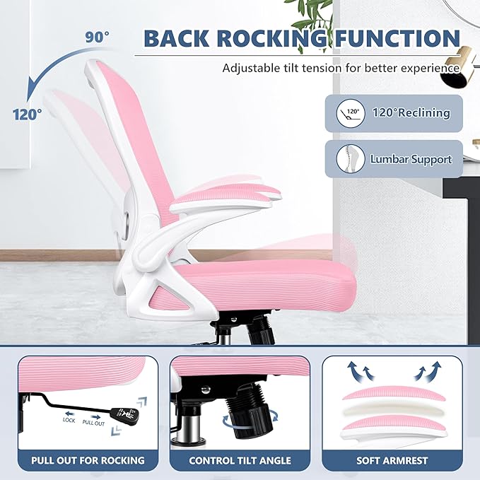Winrise Ergonomic Office Chair, Mesh Desk Chair with Adjustable Lumbar Support, Flip-Up Armrests, Mid-Back Computer Swivel Task Rolling Chair, Pink