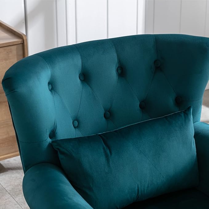 chairus Mid-Century Modern Accent Chair with Ottoman, Comfy Velvet Single Sofa Chair Button Tufted Wingback Armchair with Pillow for Living Room/Bedroom/Club - Teal