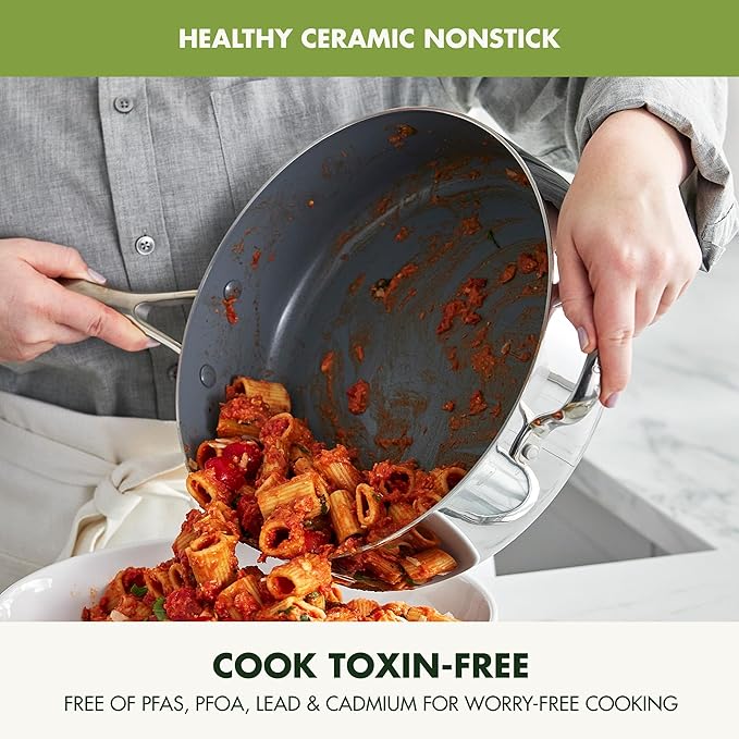 GreenPan Valencia Pro Tri-Ply Stainless Steel 5QT Sauté Pan with Lid, Ceramic Nonstick PFAS-Free Coating, Multi Clad Cookware, Induction, Dishwasher Oven and Broiler Safe