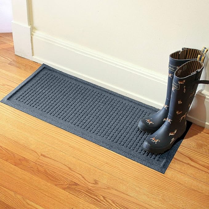 Bungalow Flooring Waterhog Indoor/Outdoor Boot Tray, 15 by 36 inches, Made in USA, Skid Resistant, Easy to Clean, Catches Water and Debris, Squares Pattern, Bluestone
