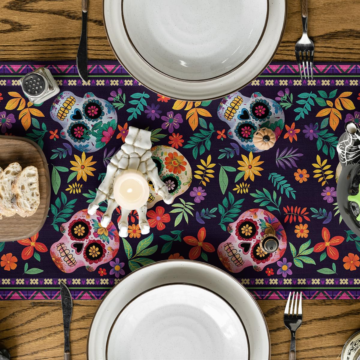 Artoid Mode Mexican Sugar Skull Dia De Los Muertos Table Runner, Day of The Dead Altar Kitchen Dining Table Decoration for Home Party Decor 13x72 Inch
