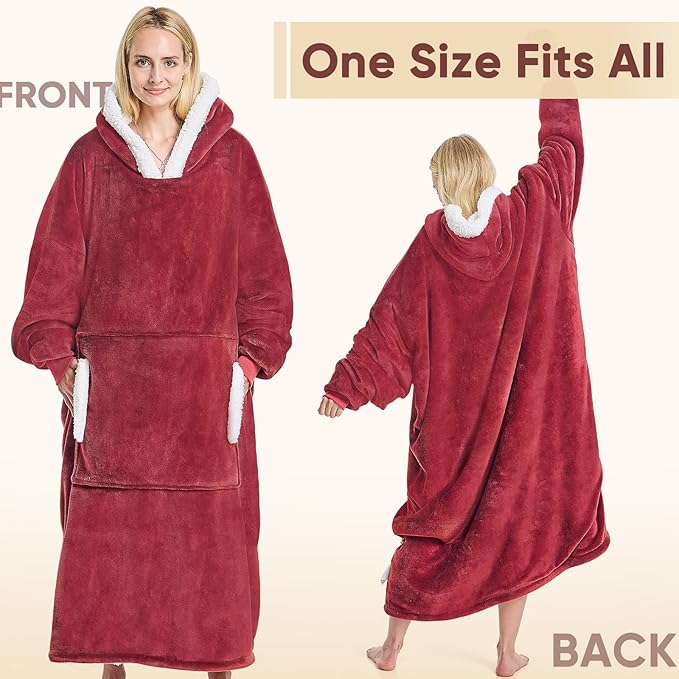 yescool Wearable Blanket Hoodie, Flannel Sherpa Fleece Blanket Sweatshirt for Adults Women Men,One Size Fits All