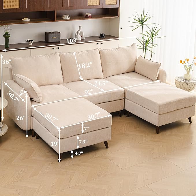 Rexulqo 104'' Modular Sectional Sofa with All Seats Storage, Oversized U Shaped Couch,Comfy Cloud Couches with Movable Ottoman,24.5'' Deep Seat,Large Sectional for Living Room,Bedroom,Velet,Cream