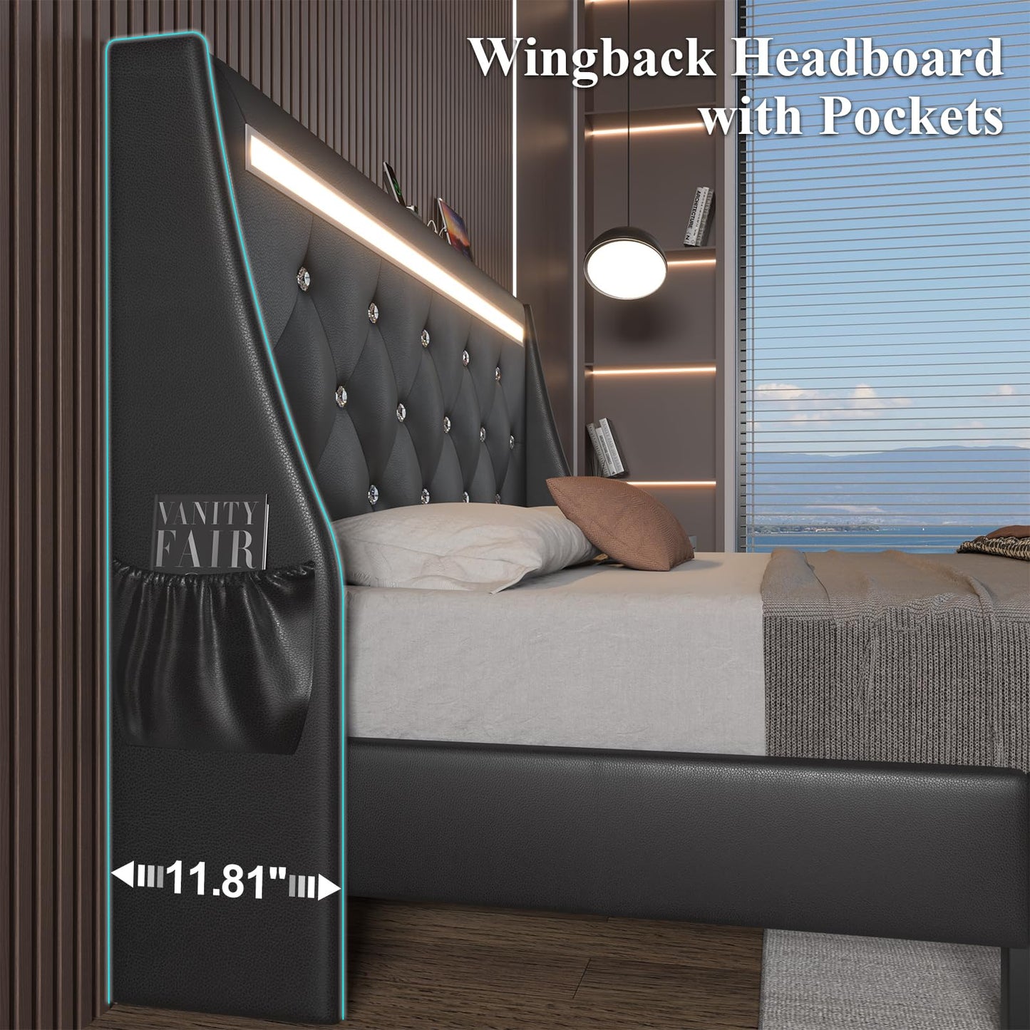 E-Motie Full Size Bed Frame with Wingback Upholstered Diamond Tufted Storage Headboard, LED Lights and Charging Station, Solid Wood Slats, Noise-Free, Easy Assembly, No Box Spring Needed, Black