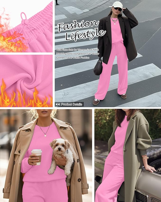 Sweetyweee Women's 2 Piece Outfits Set Fleece Lined Lounge Sweatsuit Crewneck Pullover Top Wide Leg Pants Casual Tracksuit