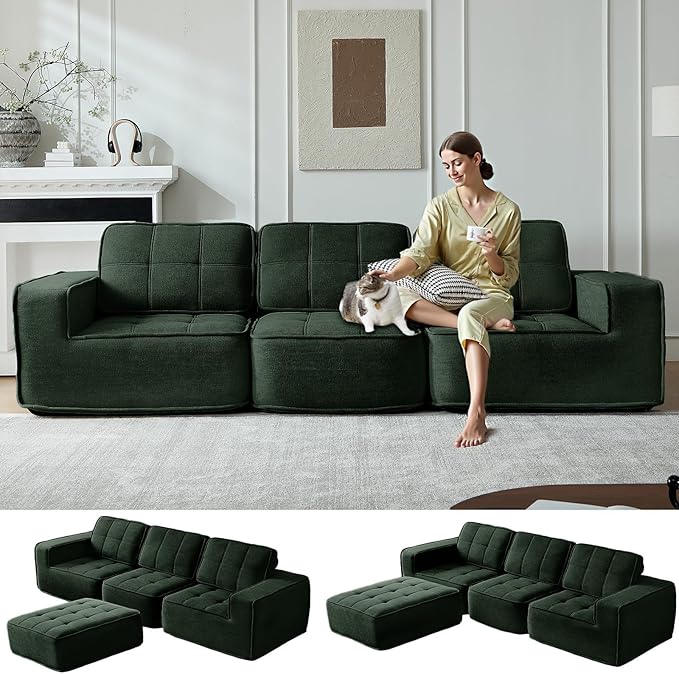 108" Boneless sectional Couch for Living Room,Convertible L-Shape Fleece Couches with Ottoman, Cloud Modular Sofa with Deep Seat for Bedroom, No Assembly,Green